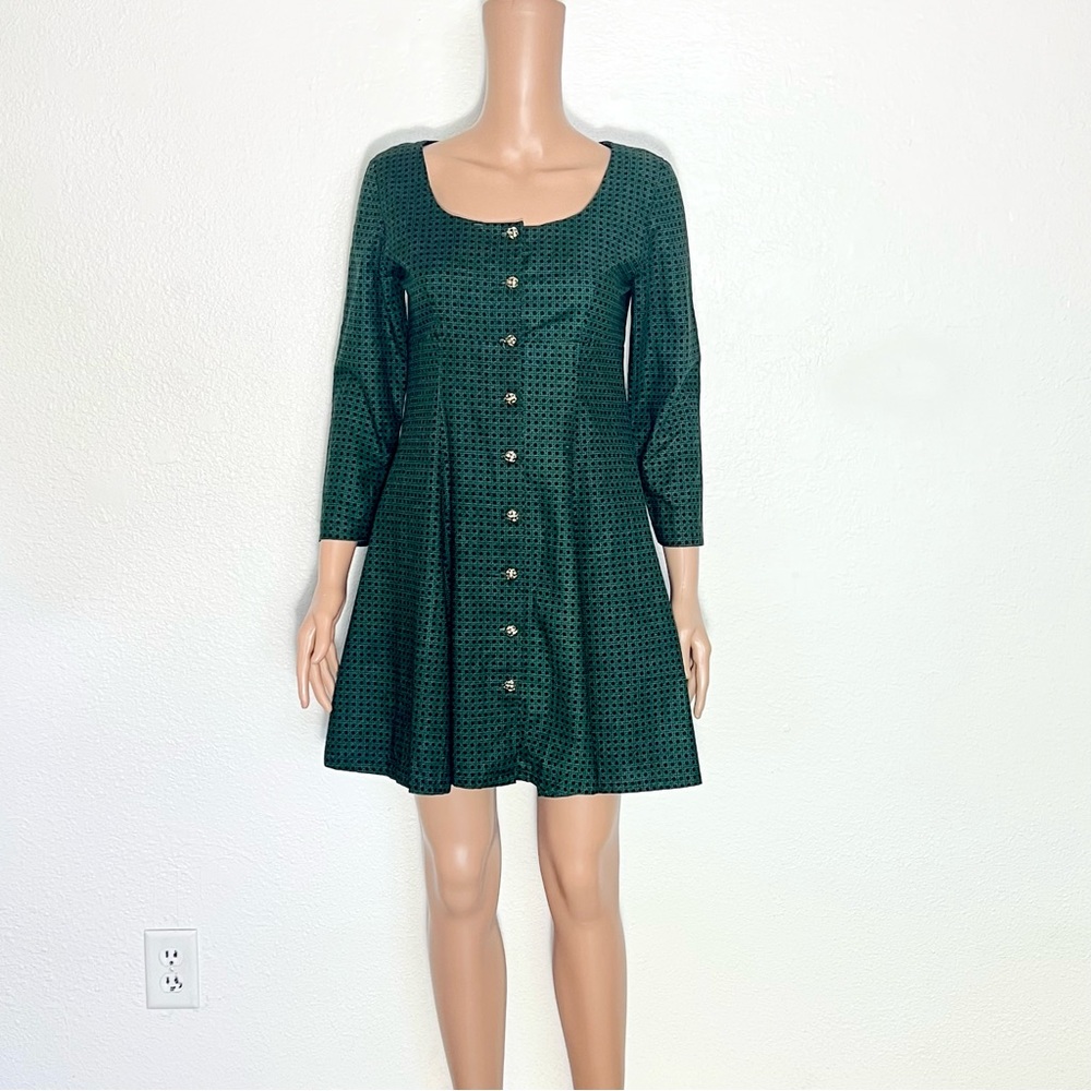 Vintage Handmade Green Houndstooth Long Sleeve Fit & Flare Dress M